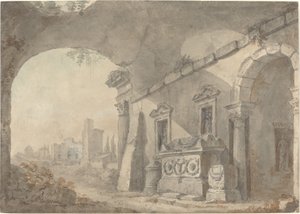 Ruínas romanas com um sepulcro