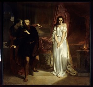 Ilustração de Lady Macbeth para a peça "MacBeth" de William Shakespeare. Uma mulher de camisa de dormir é humilhada por outra mulher na frente de um homem com medo. Pintura de Charles Louis Muller (1815-1892) 1848 Amiens, Musee de Picardie. - Lady Macbeth,