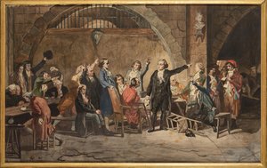 Le dernier adieu des Girondins, le 31 octobre 1793, a la prison de la Conciergerie - O último adeus dos Girondins, de Mueller, Charles Louis (1815-1892). Aquarela no papel. Coleção Privada