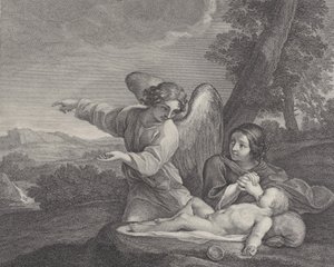 O anjo aparecendo a Hagar no deserto enquanto ela cruza as mãos ao lado do sono..., 1700-28.