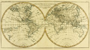 Mapa do mundo em dois hemisférios, de &39;Atlas de todas as partes conhecidas do globo terrestre&39; por Guillaume Raynal (1713-96) publicou Genebra, 1780