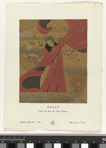 Gazette du Bon Ton, 1914 - No. 5, Pl. 47: Danae / Evening Cape por Paul Poiret (título no objeto) de Charles Martin
