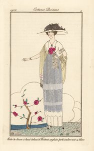 Mulher em vestido de linho com renda inglesa pérola, chinelos preto e branco de Charles Martin