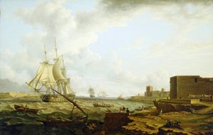 Um navio de guerra de terceira classe da Marinha Real Britânica entra em Port Mahon (Espanha), com uma pequena embarcação que transporta oficiais para a doca à direita
