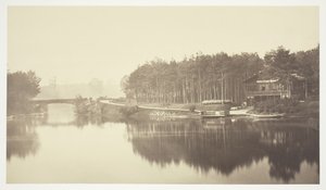 Sem título, c. 1850. [Ponte e chalé no Bois de Boulogne, um parque em Paris]. de Charles Marville