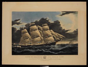 O navio Clipper Dreadnought ao largo do farol de Tuskar, a 12 1/2 dias de Nova Iorque, na sua célebre passagem para a doca de Liverpool em 13 dias e 11 horas de dezembro de 1854... (litografia, colorida) de Charles & Mcfarlane Duncan (1818 1865) Parsons