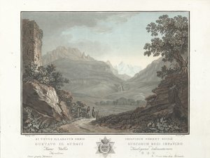Berglandschap em Zwitserland
Vista do vale de Oberhashi (título sobre o objecto)
Vistas notáveis das montanhas da Suíça (título da série) de Charles Melchior Descourtis