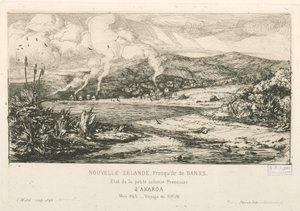 Estado da pequena colónia francesa de Akaroa, ilustração de "Etchings of the Pacific...