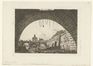 Gezicht op Pont-Neuf van onder boog Pont-au-Change em Paris A Pont Neuf e a Samaritaine sob o primeiro arco da Pont au Change de Charles Meryon