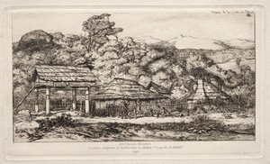 Celeiros e cabanas nativas em Akaroa, península de Banks, 1845 de Charles Meryon