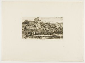 Celeiros e cabanas de nativos em Akaroa, Península de Banks, 1845 de Charles Meryon