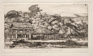 Celeiros e cabanas nativos em Akaroa, Península de Bancos, 1845, 1865. de Charles Meryon