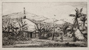 Nova Caledônia: Grande cabana nativa na estrada de Balade a Puebo, 1845