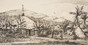 Nova Caledônia: Grande cabana nativa na estrada de Balade a Puebo, 1845, 1863. de Charles Meryon