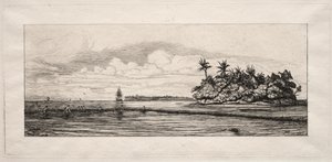 Oceania: Pescar perto de ilhas com palmeiras no grupo Uea ou Wallis, 1863. de Charles Meryon