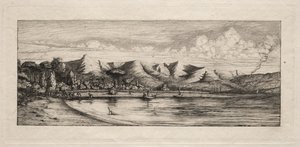 Seine que pesca fora do ponto dos queimadores de carvão vegetal, Akaroa, 1865.