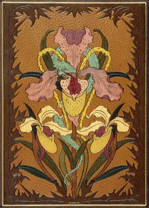 Forro de "Les Fleurs du Mal", de Charles Baudelaire, retratando uma serpente entrelaçada ao redor de uma íris de Charles Meunier