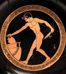 Taça: rapaz prepara-se para desenhar o líquido dionisíaco (cerâmica com figuras vermelhas, reflexos vermelho-escuros) de Charles Meynier