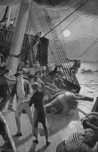 Estando o navio do Capitão Cook em perigo, a tripulação atirou as armas borda fora (litho)