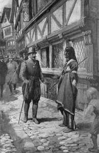 Capitão John Smith conhece um amigo índio vermelho da Virgínia enquanto dá um passeio pelo The Strand em Londres (litho)