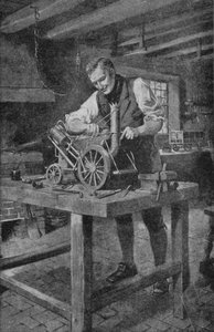 George Stephenson trabalhando em um modelo de seu Rocket, o motor que tornou possível a ferrovia (litho)