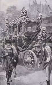O Rei Eduardo VII e a Rainha Alexandra, no Treinador do Estado, regressam da sua coroação na Abadia de Westminster, Londres