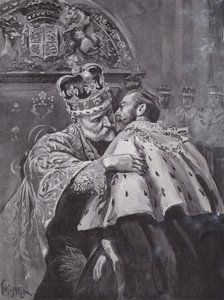Rei Eduardo VII abraçando seu filho, o Príncipe de Gales, na coroação do rei, Abadia de Westminster, Londres