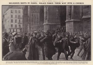 A polícia forçou a entrada numa igreja em Paris durante motins em protesto contra os inventários de igrejas francesas ordenados pelo governo francês como parte da sua política de separação da igreja e do estado (litho) de Charles Mills (after) Sheldon