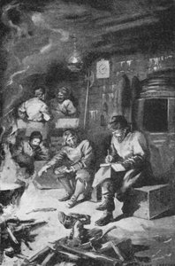 William Barents a escrever o seu diário enquanto passa o Inverno numa cabana em Nova Zembla (litho)