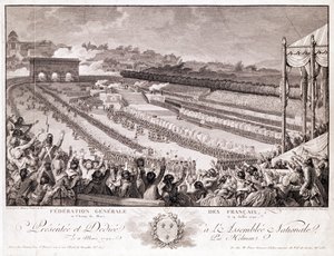 Festival da Federação, 14 de julho de 1790, no Champ de Mars, final do século XVIII, gravado por Isidore Stanislas Helman (1743-1809) de Charles Monnet