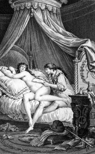 Ilustração para "Les Liaisons dangereuses" de Choderlos de Laclos. Gravura de Charles Monnet (1732 - 1808): Valmont escrevendo uma carta nas costas de Emilie (uma cortesã).
