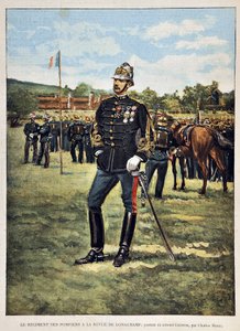 O Regimento de Bombeiros tem a revista Longchamps (Retrato do Coronel Couston), ilustração de Charles Morel (1861-1908). Gravura de 1887 no "Paris-Illustrous journal weekly". de Charles Morel
