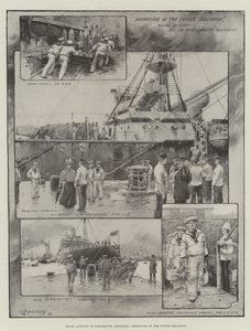 Atividade naval em Portsmouth Dockyard, partida do esquadrão voador (litografia) de Charles Murray (after) Padday