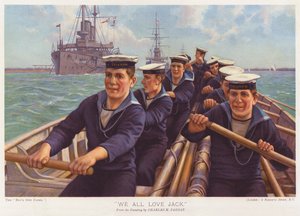 Marinheiros do HMS Triumph a remar num porto (litografia a cores) de Charles Murray (after) Padday