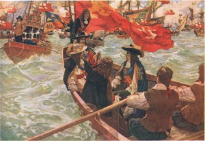 Regresso a casa de Carlos II, de Cassells History of the British People, publicado pela Waverley Book Company Limited, c.1940 (litografia a cores)
