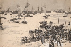 Tropas japonesas a desembarcar na Coreia em 1905. Desenho e lavagem (30,1x45,6 cm) de Charles M. Padday () , início do século XX.