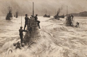 Novos submarinos britânicos partindo de Milford Haven (Inglaterra), para entrar em ação. Desenho e lavagem (30,4x45,5 cm) de Charles M. Padday () , início do século XX.