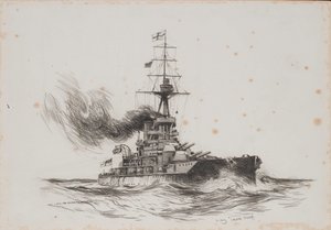 O navio britânico Iron Duke. Desenho (25,5x36,8 cm) de Charles M. Padday () , início do século XX.