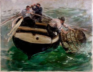 Transportando em vasos de lagosta (óleo sobre papel) de Charles Napier Hemy
