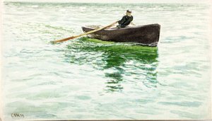 Homem, remar, um, bote, (bodycolour, e, aquarela, ligado, paper) de Charles Napier Hemy