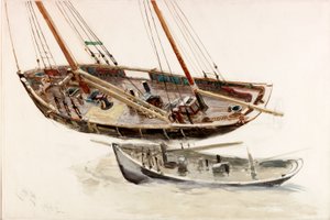 Dois estudos de uma traineira (bc, lápis e wc no papel) de Charles Napier Hemy