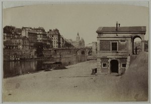 Pavilhão de portagem, porto do Hôtel-de-Ville e Île de la Cité com a Conciergerie, 4.º arrondissement, Paris. de Charles Nègre