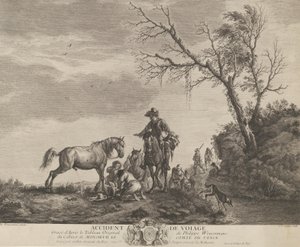 Um acidente durante a viagem, um homem ajoelhado consertando uma sela quebrada, um cavalo mijando em ..., 1740-50.