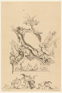 Design para Cartouche com Crown, Two Putti Servindo Baco e Dois Leões de "Cartouches Nouvellement Inventez"