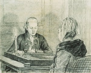 Um casal sentado, a senhora vista por trás, jogando gamão à luz de velas de Charles Nicolas II Cochin