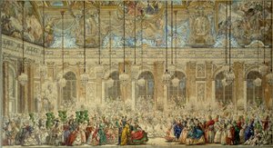Máscara ou bola dos Ifs dá para o casamento de Louis Dauphin da França (1729-1765) com Marie Therese (Marie-Therese) da Espanha na Galeria Glace em Versalhes em fevereiro de 1745 Desenho com caneta e tinta de Charles Nicolas Cochin le Jeune (1715-1790)