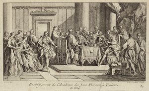 Criação da Academie des Jeux Floraux, a mais antiga sociedade literária do mundo ocidental, Toulouse, França. de Charles Nicolas II Cochin