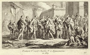 O Rei Francisco I de França recebe o Imperador Carlos V em Aigues-Mortes de Charles Nicolas II Cochin