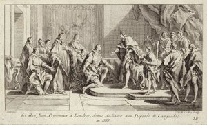 O Rei João II da França, prisioneiro dos ingleses em Londres, dando uma audiência a um depoente do Languedoc de Charles Nicolas II Cochin