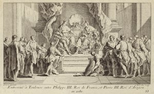 Encontro em Toulouse entre o Rei Filipe III de França e o Rei Pedro III de Aragão de Charles Nicolas II Cochin